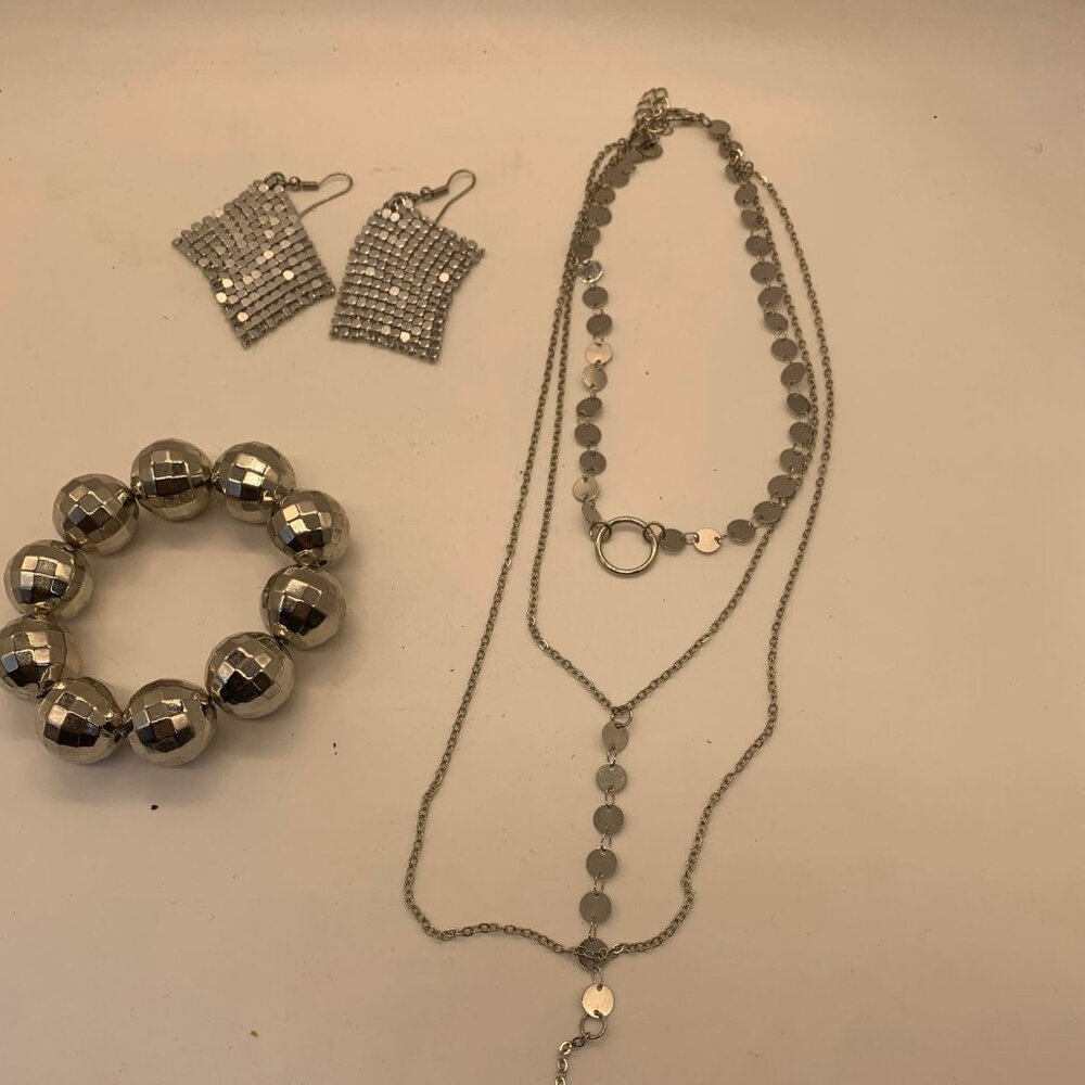 NWOT Necklace Bracelet & Earrings Silver Tone Party Disco Cocktail Jewelry